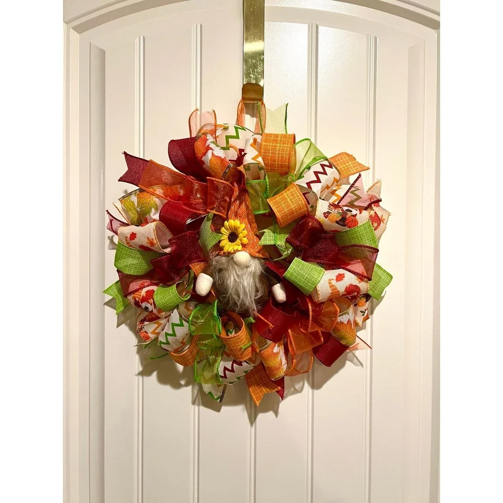 13 inch Ribbon Wreath Fall Autumn Thanksgiving Gnome MW6